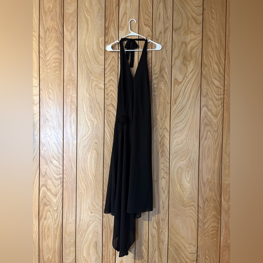 Black Halter Rosette Asymmetrical Dress - Picture 6 of 10